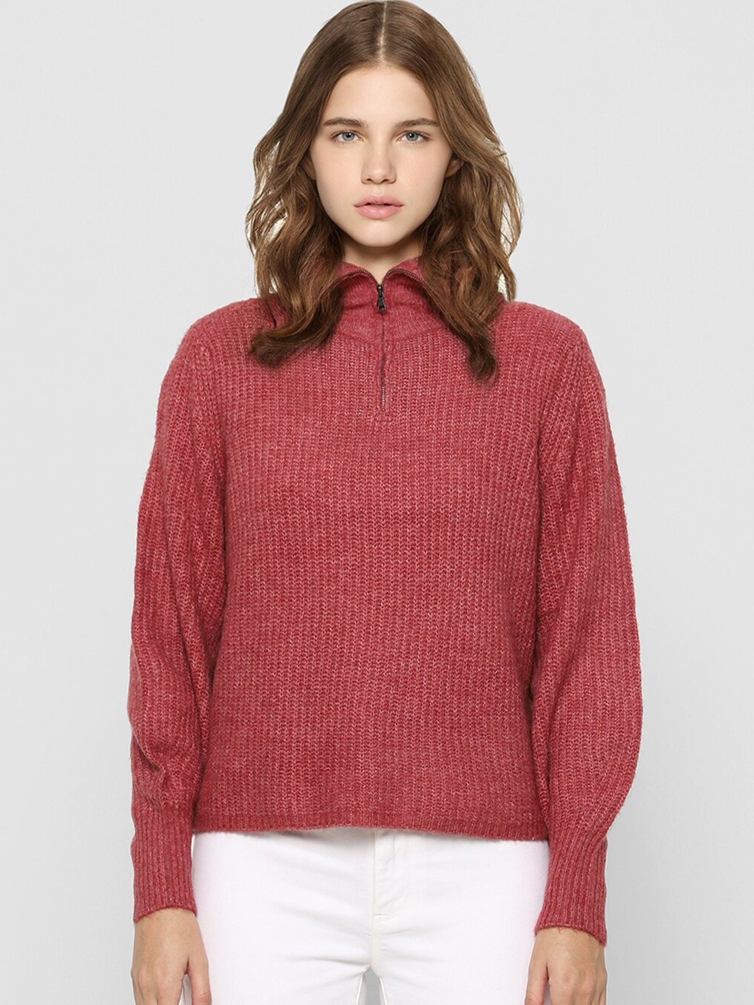 

ONLY Women Red Ribbed Pullover with Zip Detail