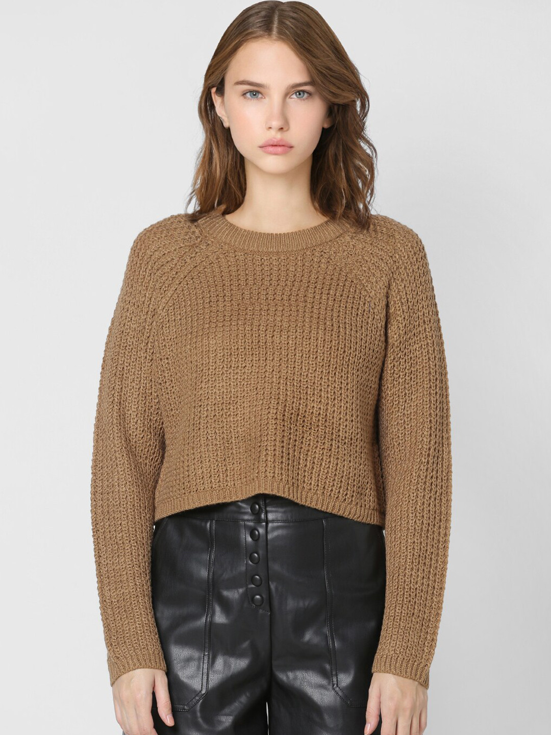 

ONLY Women Brown Ribbed Crop Pullover Sweater