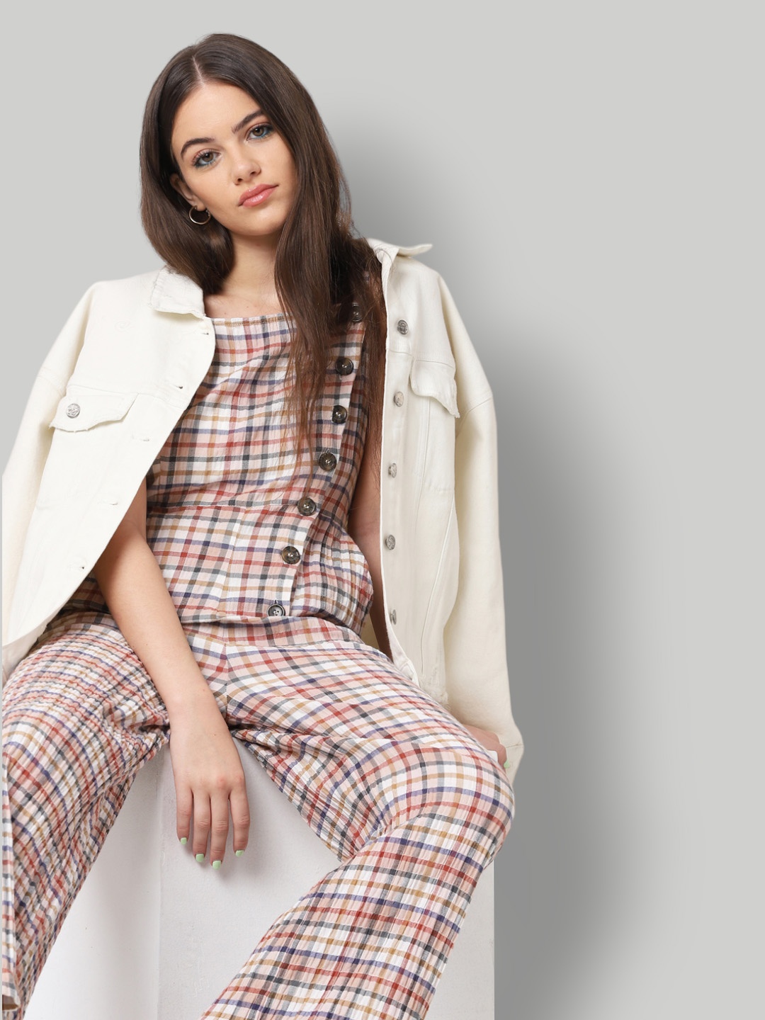 

ONLY Women Beige & White Checked Basic Jumpsuit