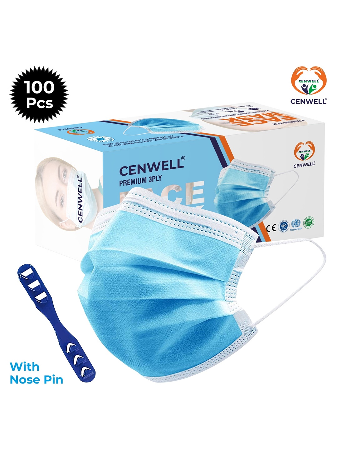 

CENWELL Pack Of 100 Blue Solid 3-Ply Disposable Surgical Face Masks
