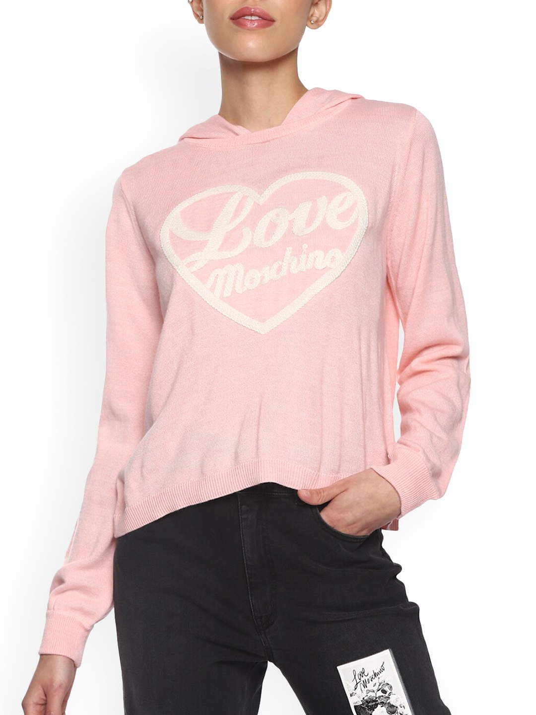 

LOVE MOSCHINO Women Pink & White Typography Embroidered Hooded Sweatshirt