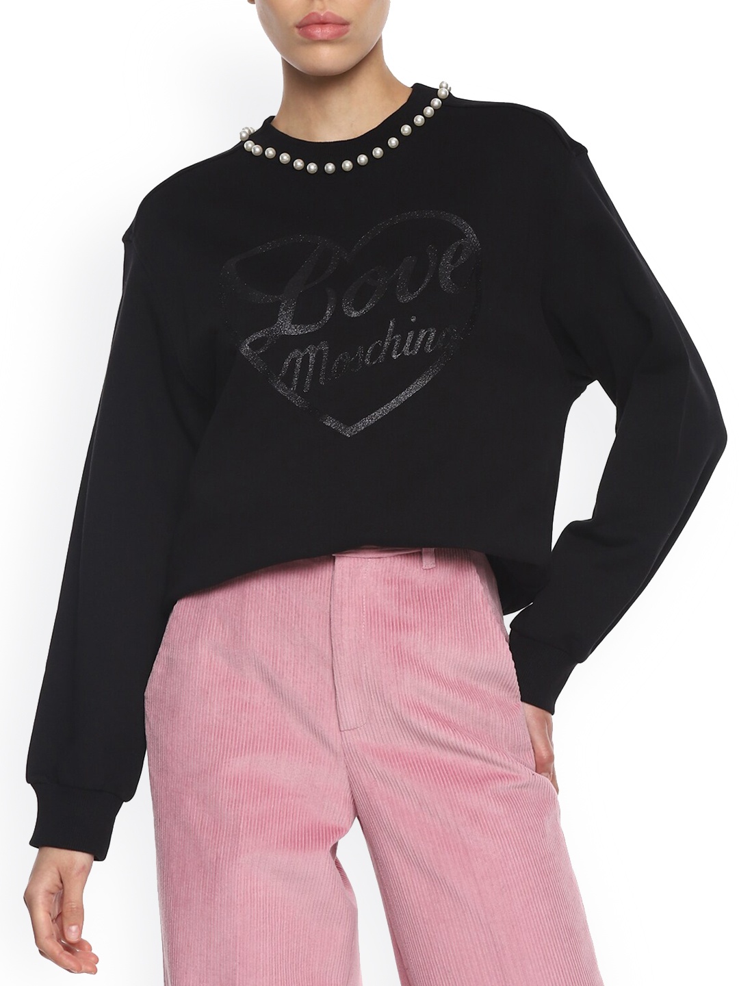 

LOVE MOSCHINO Women Black Typography Printed Crop Sweatshirt with Pearl Embellishment