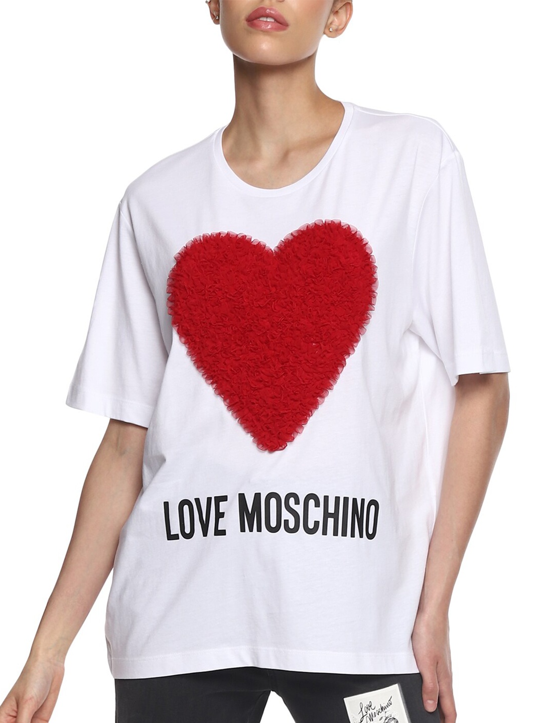 

LOVE MOSCHINO Women White & Red Typography Printed Applique T-shirt