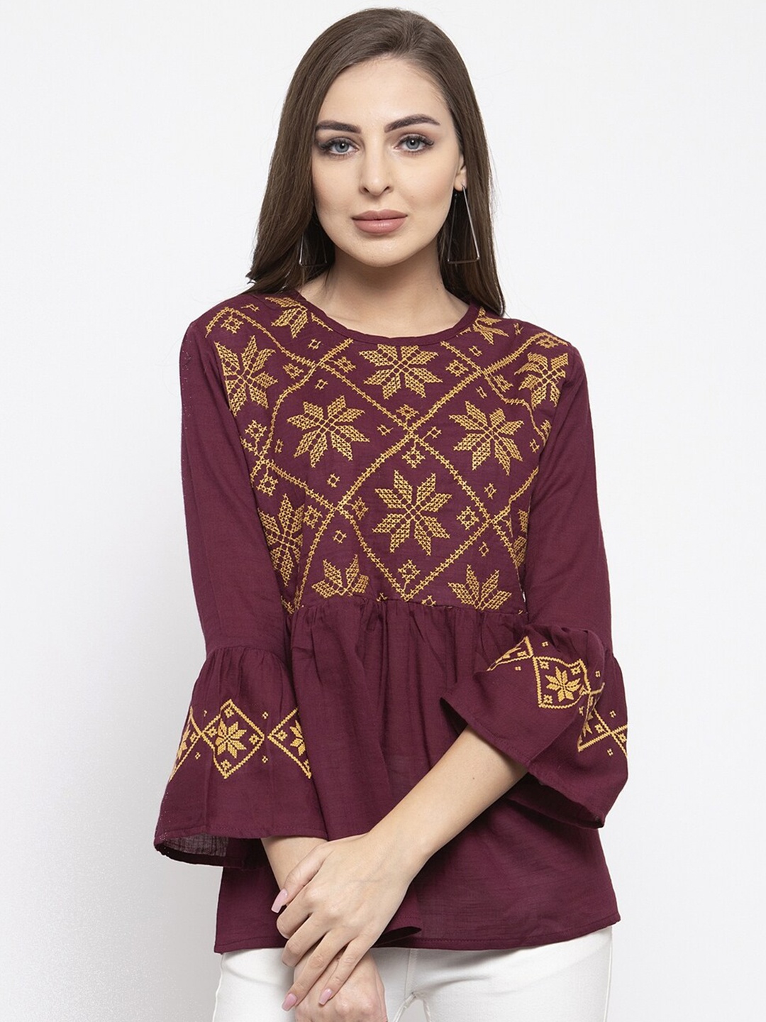 

Purple State Maroon Embroidered A-Line Top