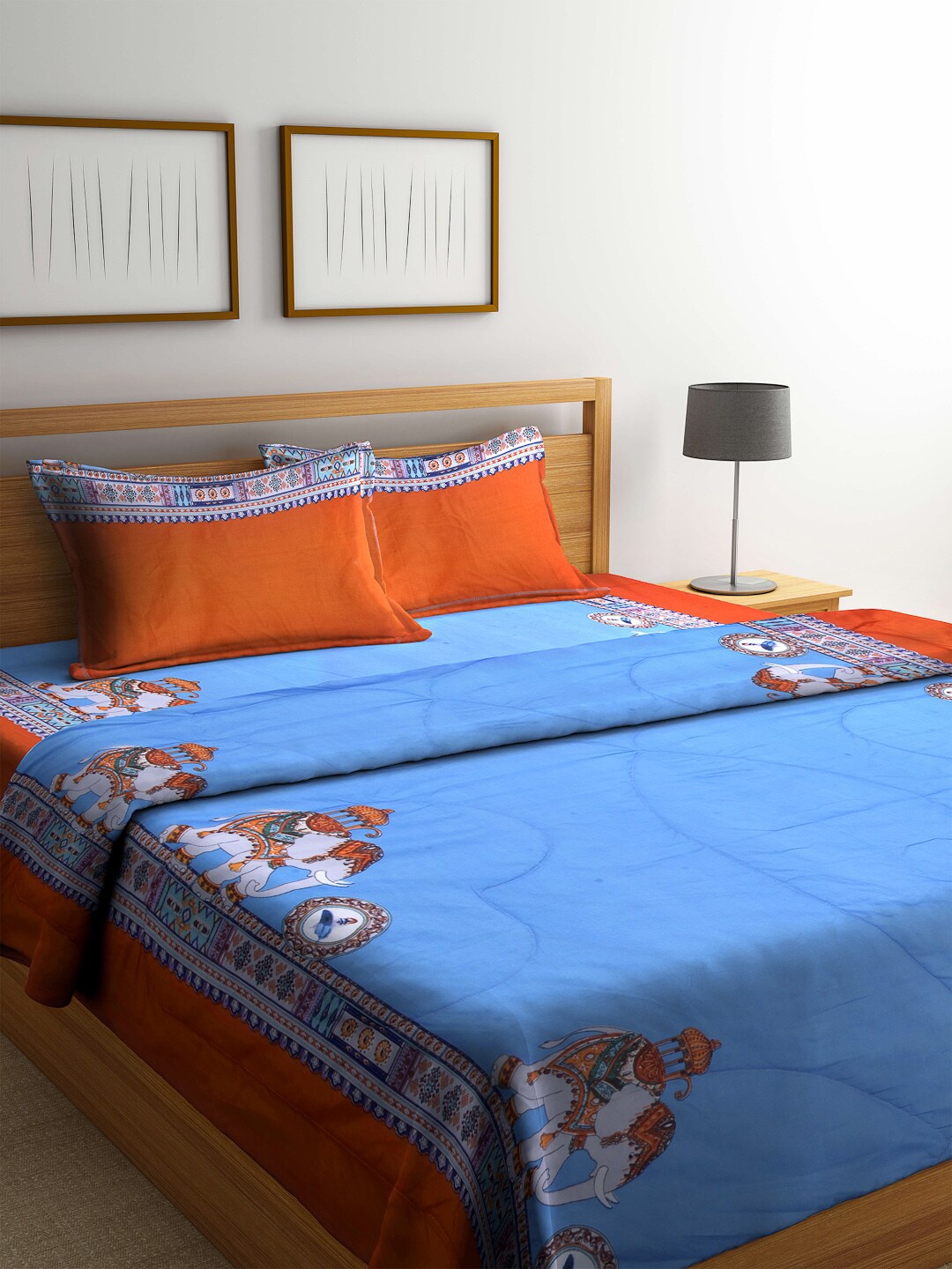 

Arrabi Blue & Orange Ethnic Motifs Printed Double Queen Bedding Set
