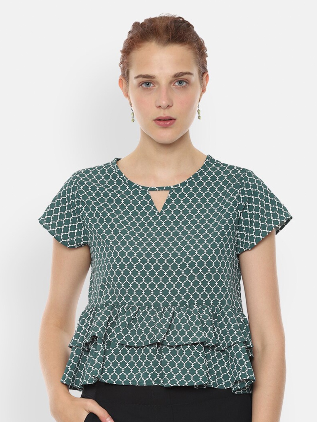 

Van Heusen Woman Green & White Printed Keyhole Neck Tiered Top