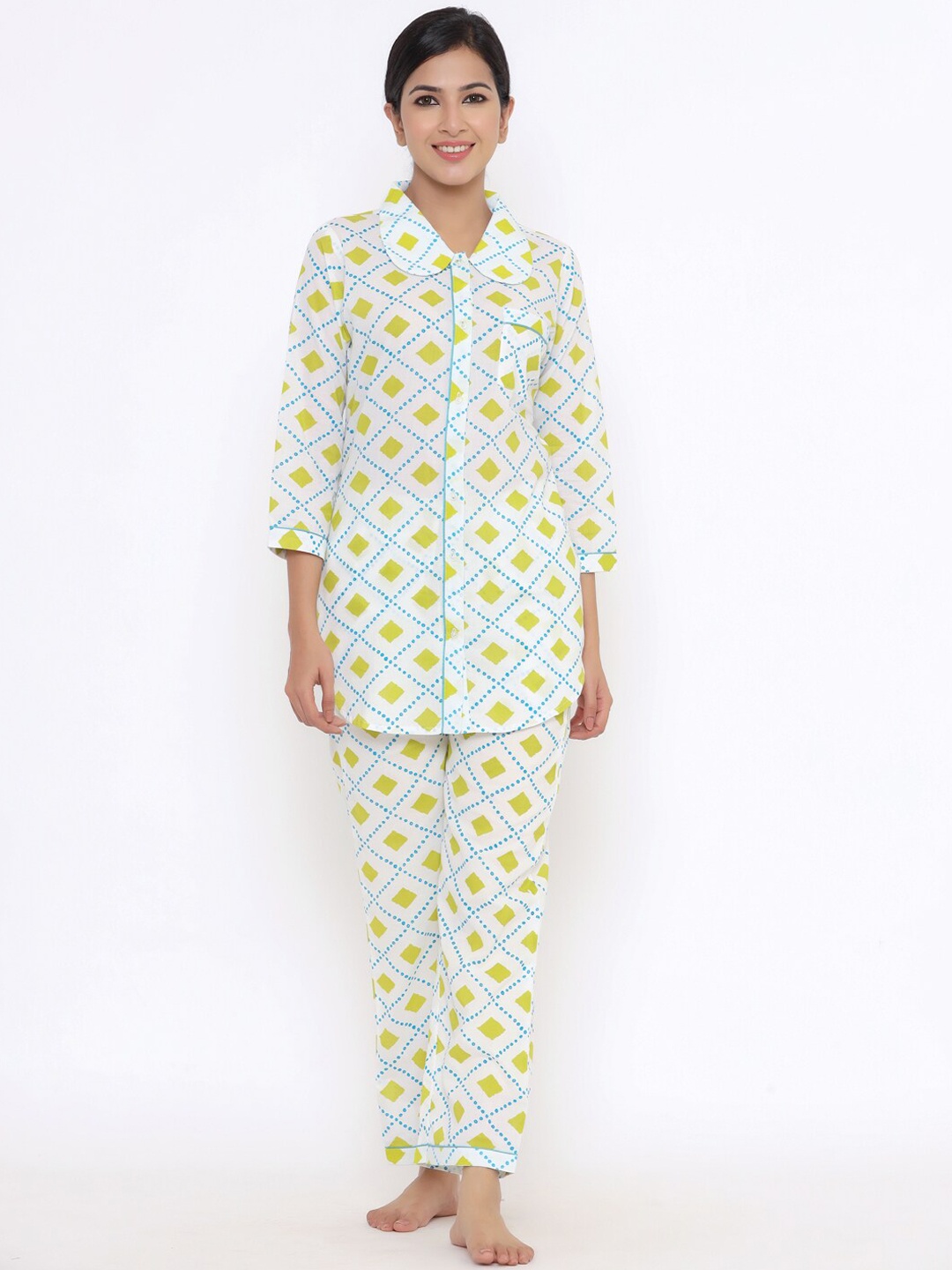 

Indian Virasat Women White & Green Printed Night suit