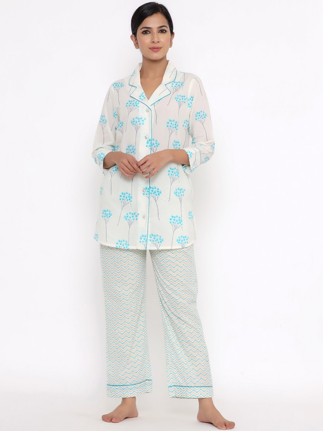 

Indian Virasat Women White & Blue Printed Pure Cotton Night suit