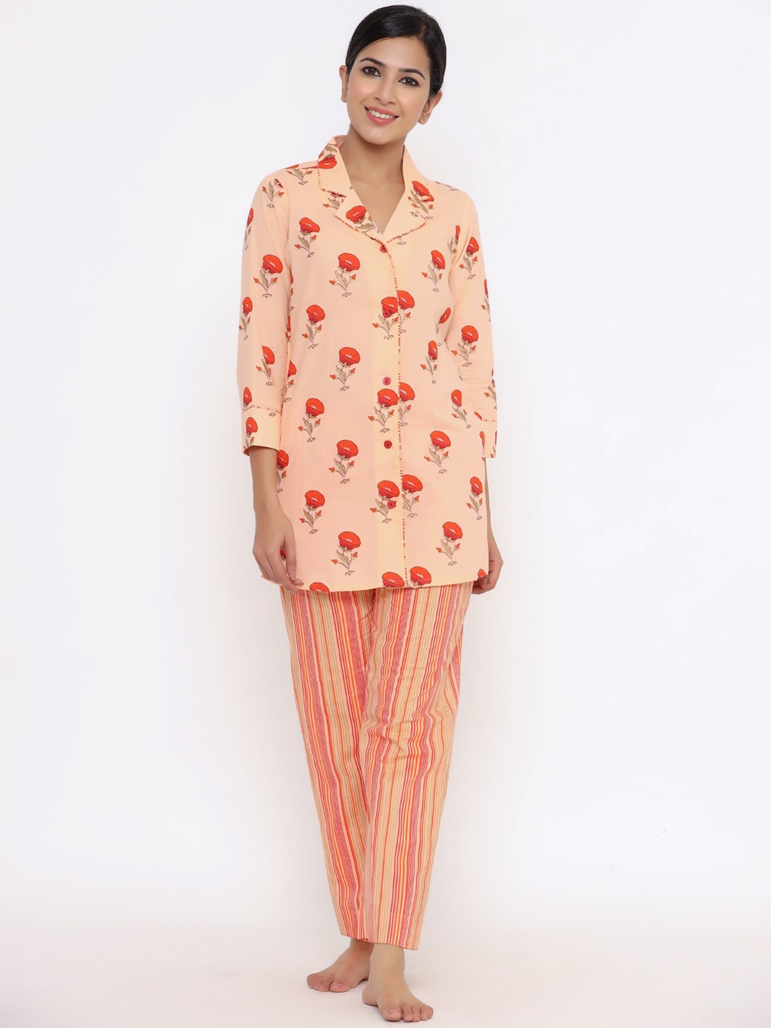 

Indian Virasat Women Orange & Pink Floral Printed Night suit