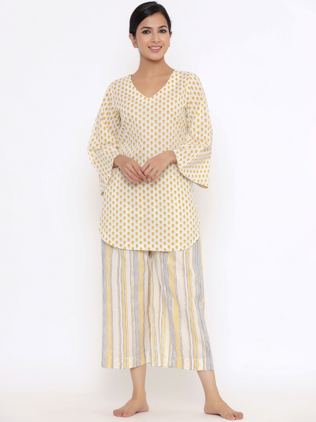 

Indian Virasat Women Cream-Coloured & Yellow Printed Night suit