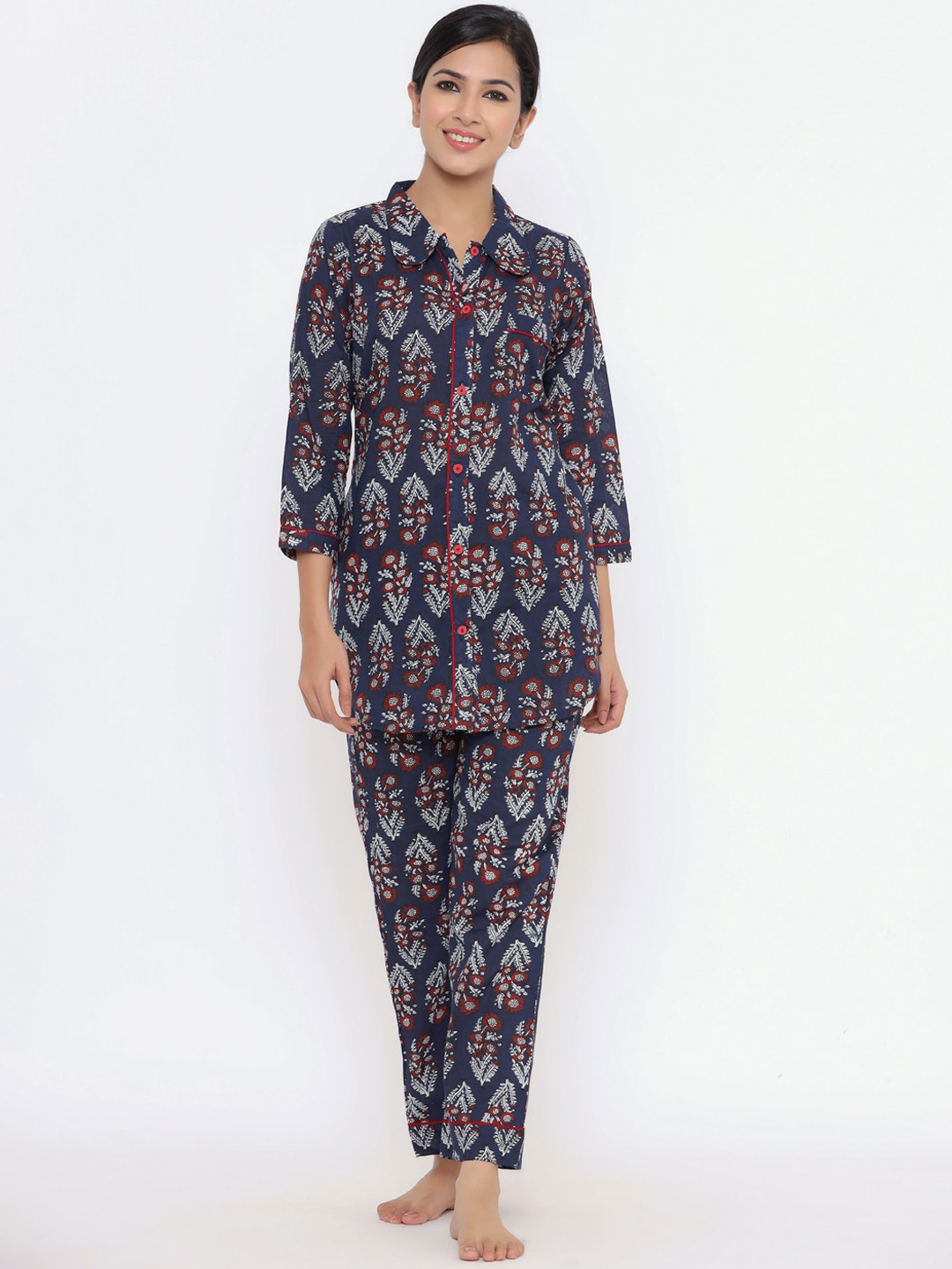 

Indian Virasat Women Blue & White Printed Pure Cotton Night suit