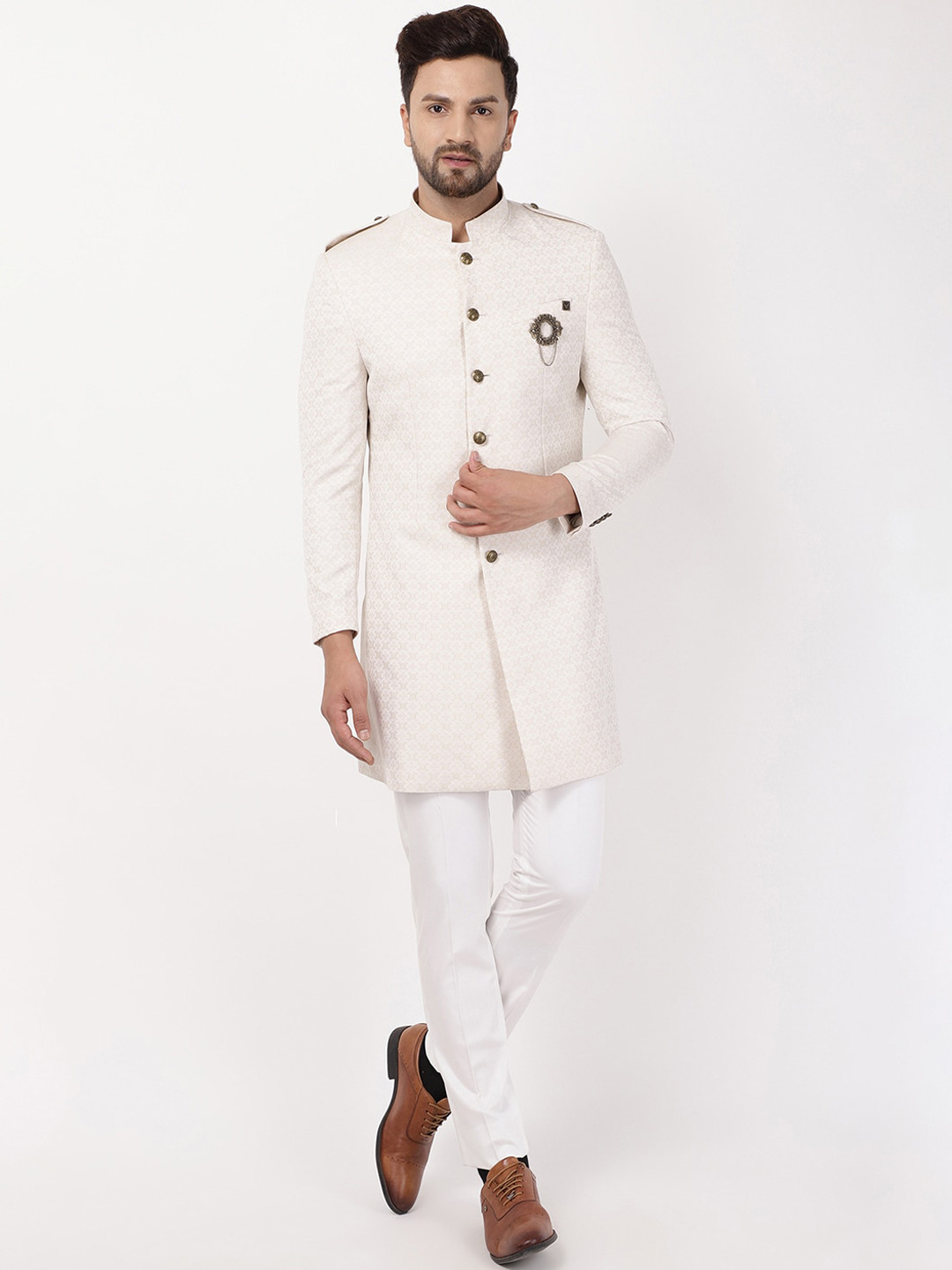 

Blackberrys Men Beige Self-Design Slim-Fit Bandhgala Suit