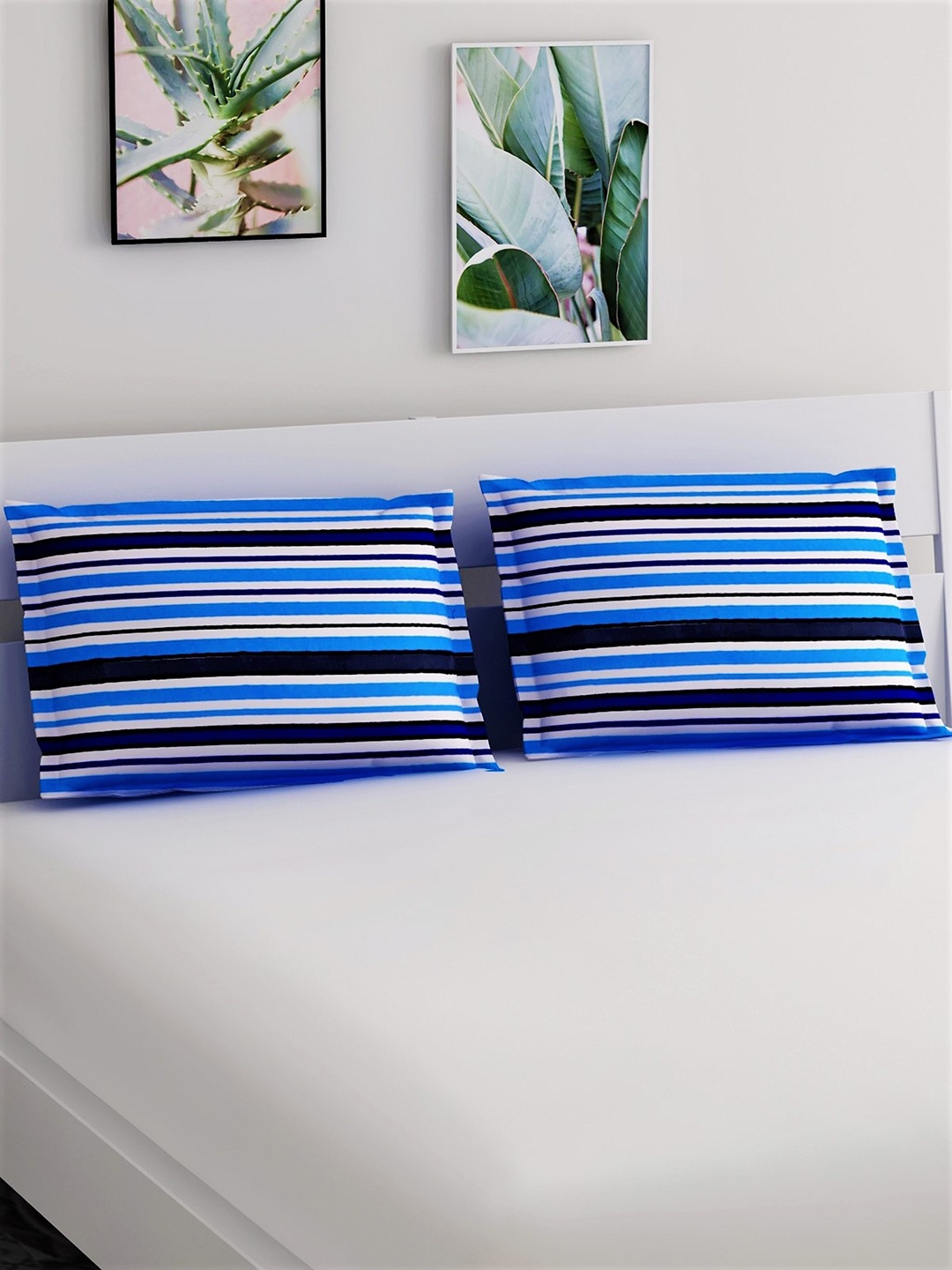 

Salona Bichona Set Of 2 Blue & Black Striped Pure Cotton 104TC Pillow Covers