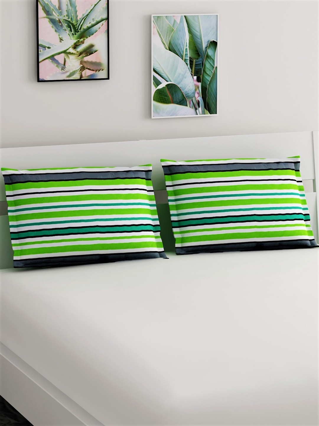 

Salona Bichona Set Of 2 Striped Pure Cotton Pillow Covers, Green