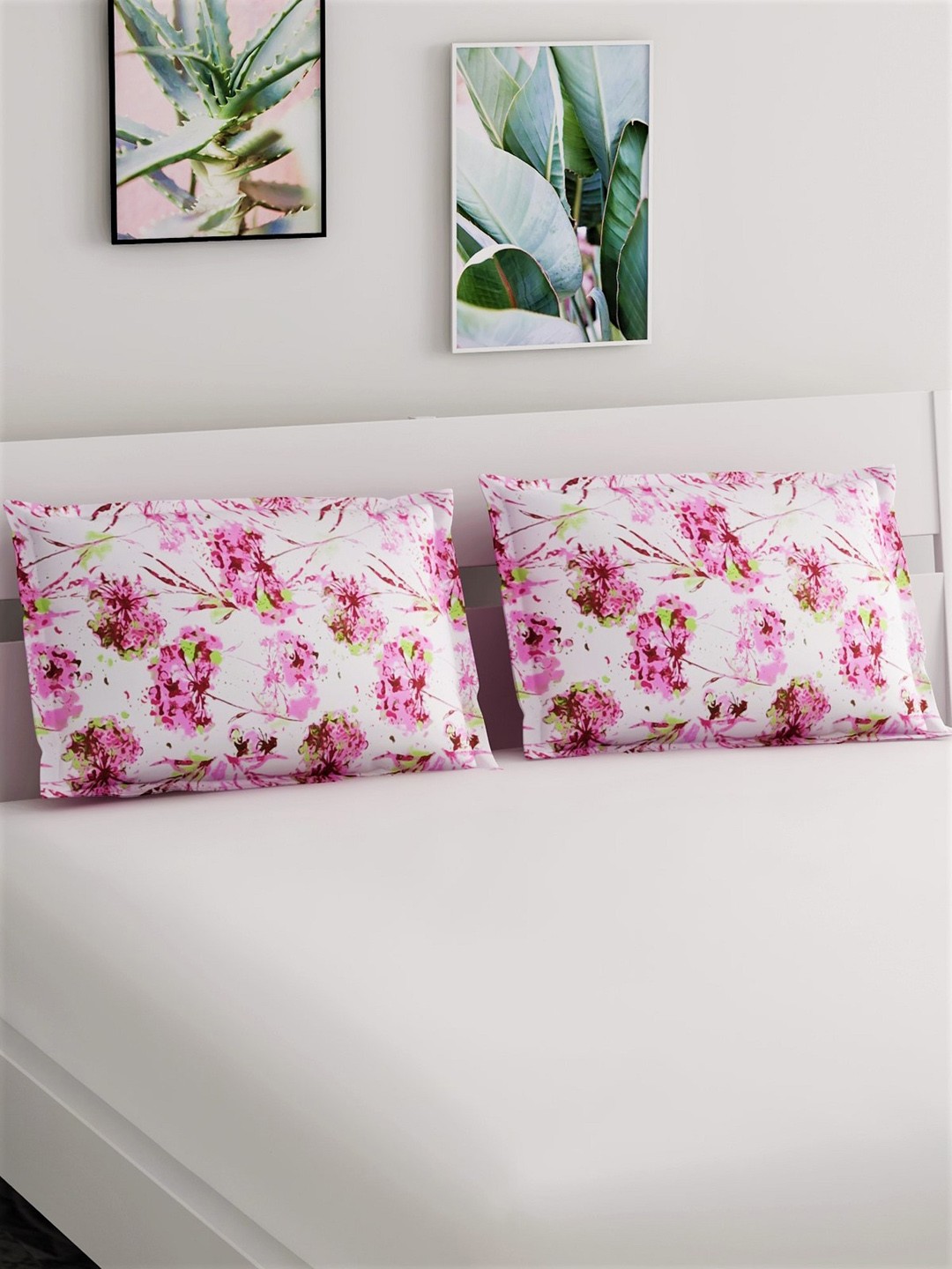 

Salona Bichona Set Of 2 White & Pink Floral Printed Pure Cotton Pillow Covers