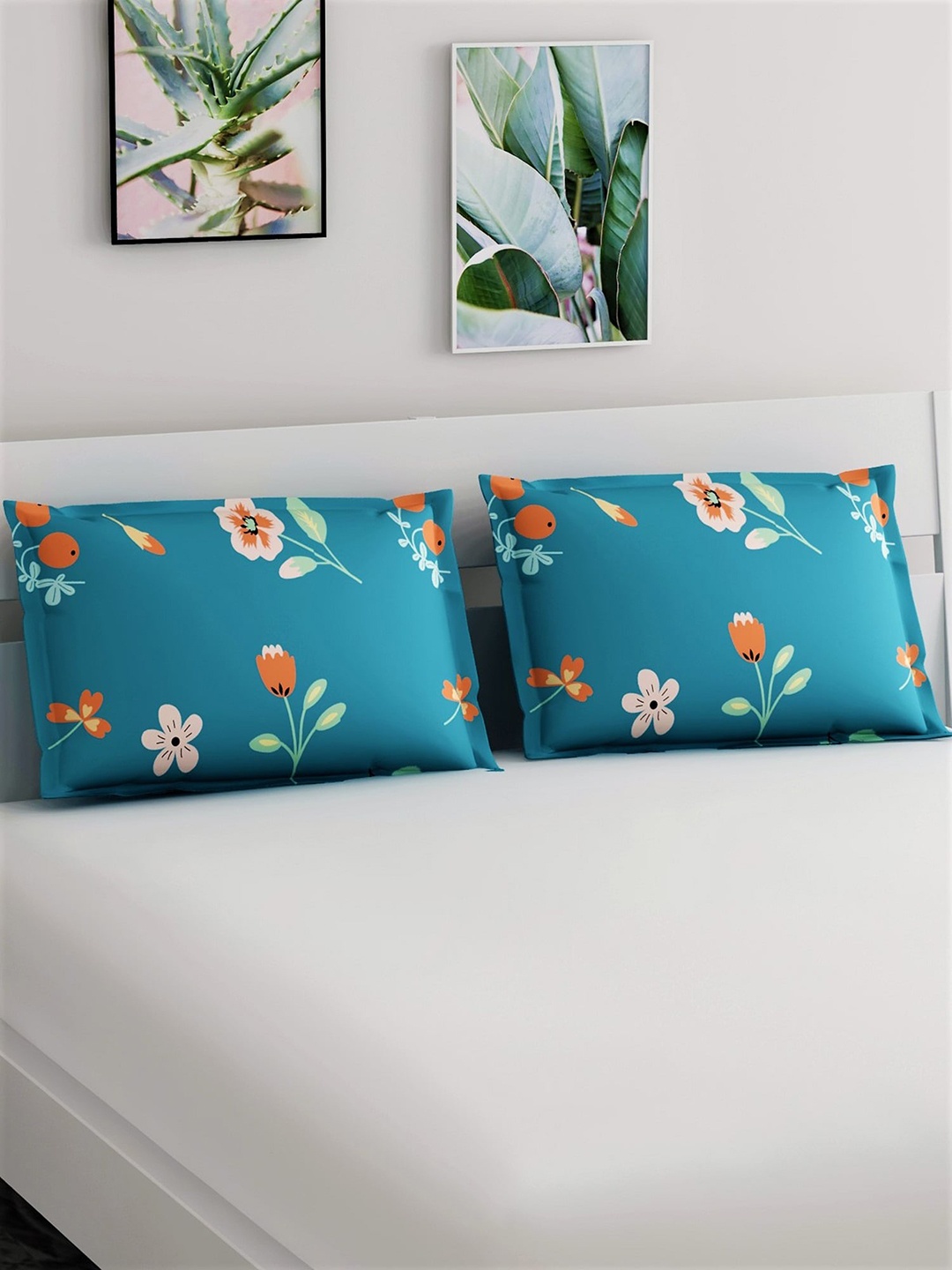 

Salona Bichona Set Of 2 Blue & Orange Floral Printed Pillow Covers