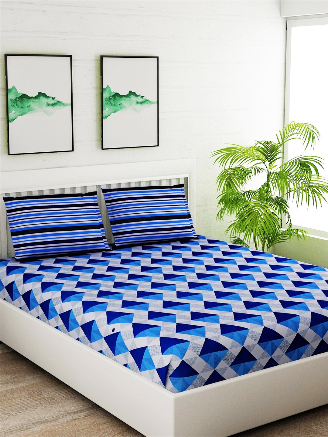 

Salona Bichona Blue Geometric 120 TC Cotton 1 Queen Bedsheet with 2 Pillow Covers