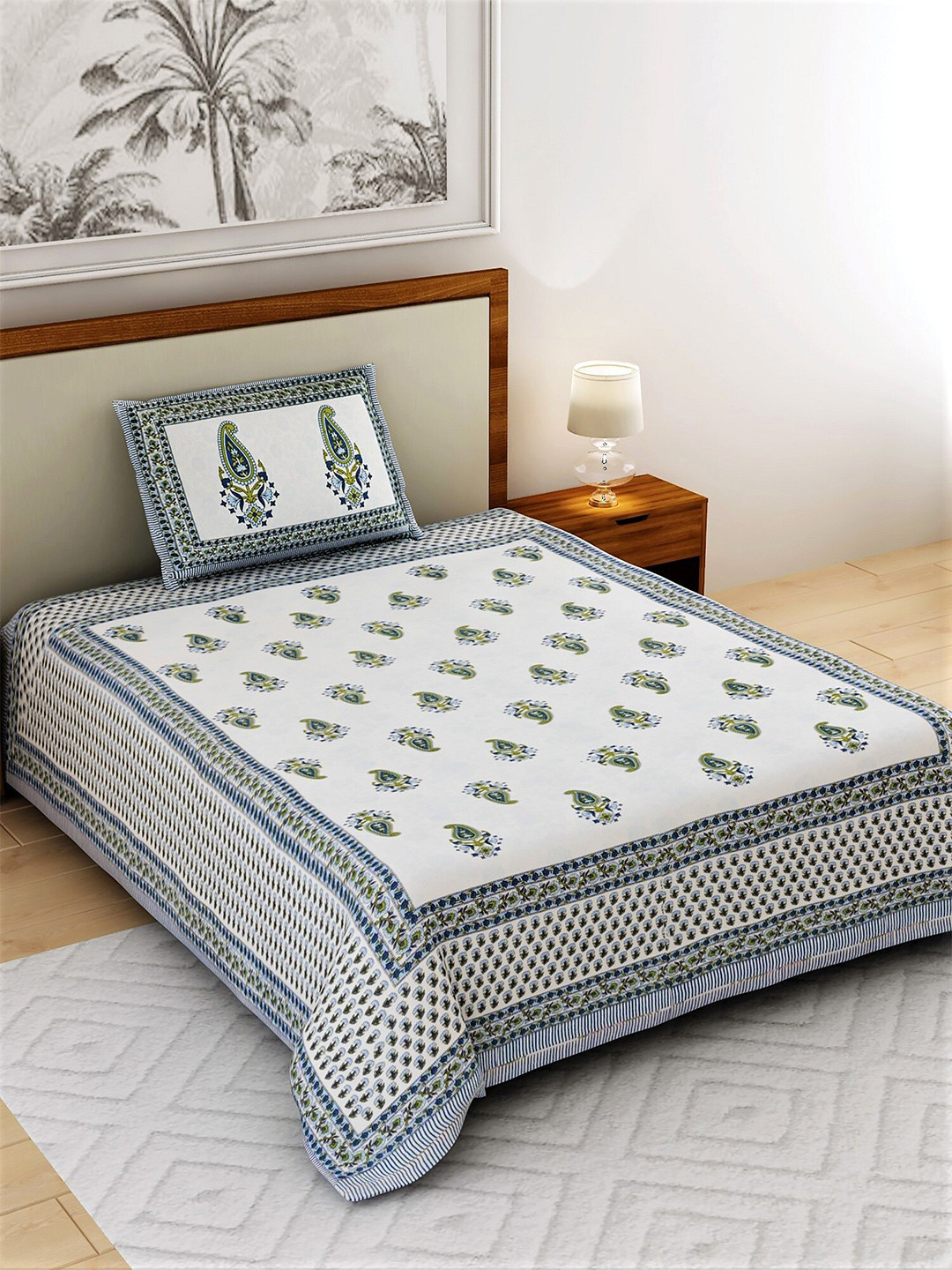 

Salona Bichona White & Blue Ethnic Motifs 120 TC Single Bedsheet with 1 Pillow Covers