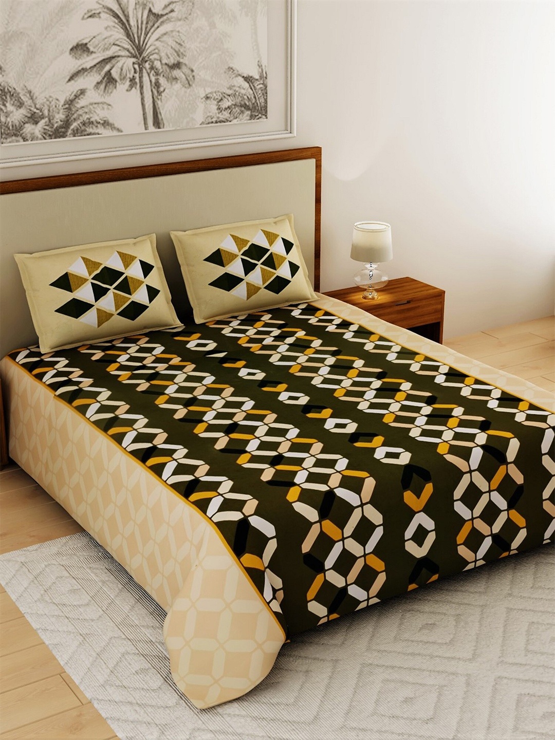 

Salona Bichona Olive Green & Beige Geometric 120 TC Pure Cotton King Bedsheet Set