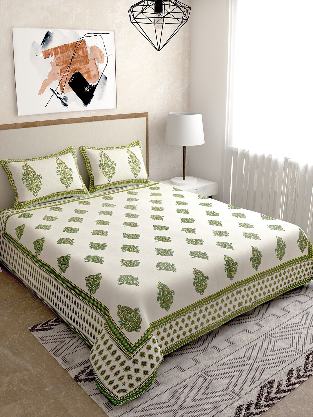 

Salona Bichona Green Ethnic Motifs 120 TC Cotton 1 King Bedsheet with 2 Pillow Covers