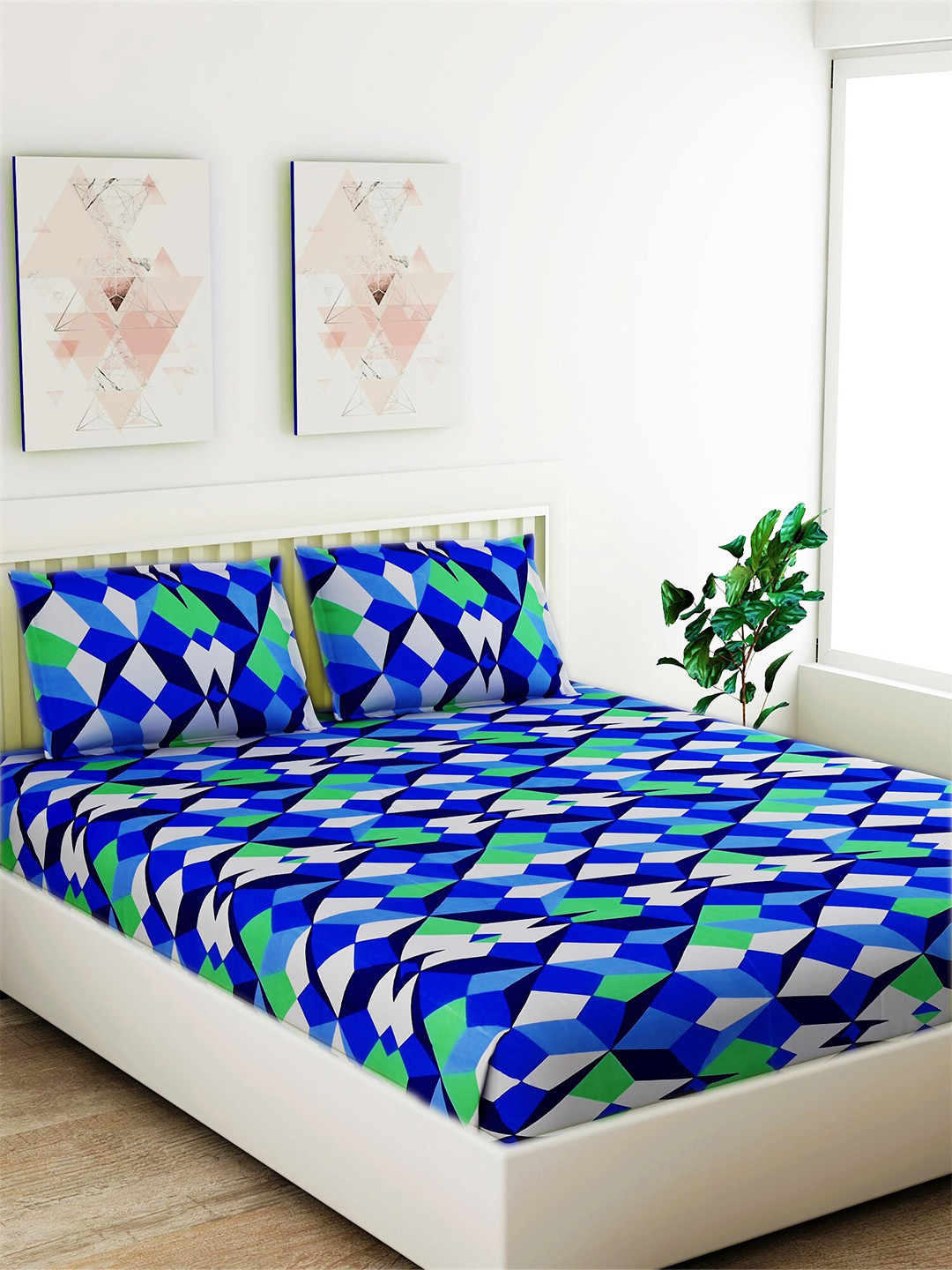

Salona Bichona Blue & Green Geometric 104 TC Queen Bedsheet with 2 Pillow Covers