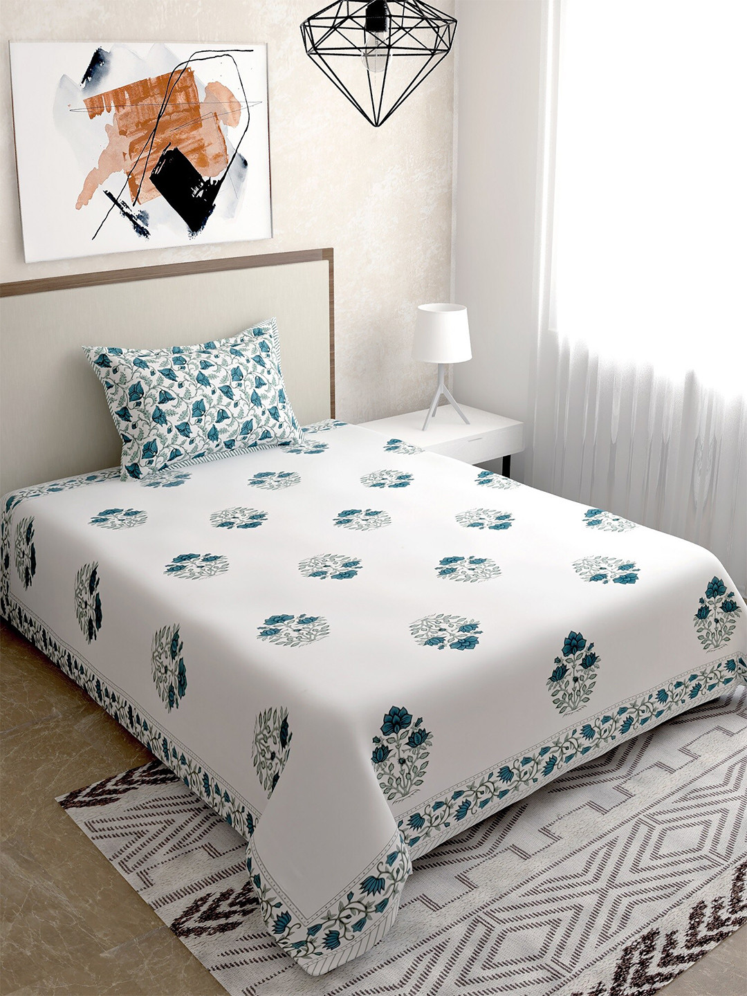 

Salona Bichona White & Green Ethnic Motifs 144 TC Single Bedsheet with 1 Pillow Covers