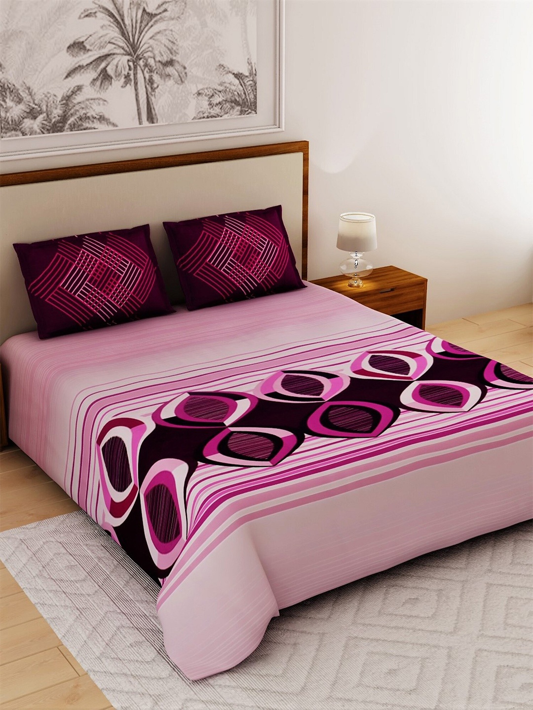 

Salona Bichona Pink & Maroon Geometric 120 TC King Bedsheet with 2 Pillow Covers