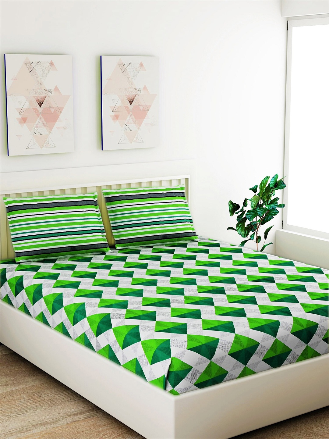 

Salona Bichona Green & Grey Geometric 104 TC Pure Cotton Queen Bedsheet Set