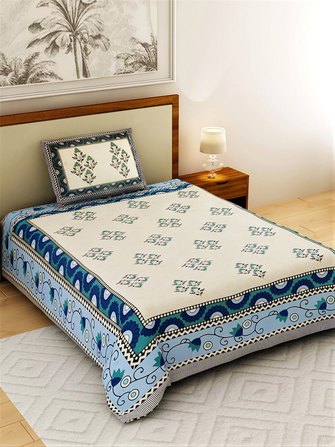 

Salona Bichona White & Blue Ethnic Motifs 120 TC Single Bedsheet with 1 Pillow Covers