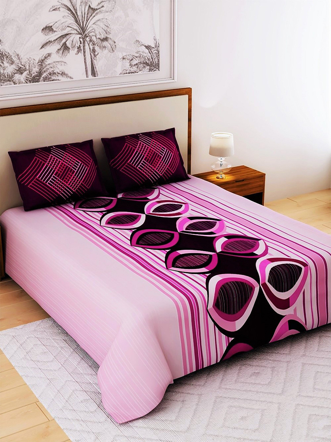 

Salona Bichona Pink & Black Geometric 120 TC Pure Cotton Queen Bedsheet 2 Pillow Covers