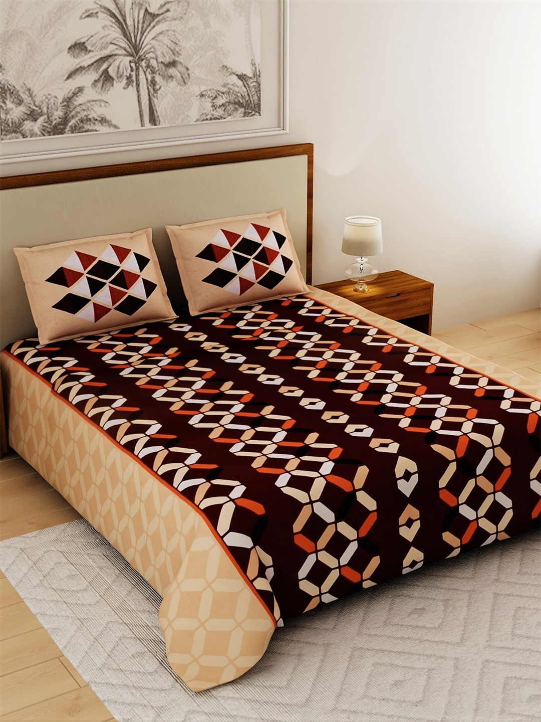 

Salona Bichona Brown & Cream Printed Pure Cotton 120 TC King Bedsheet with 2 Pillow Covers