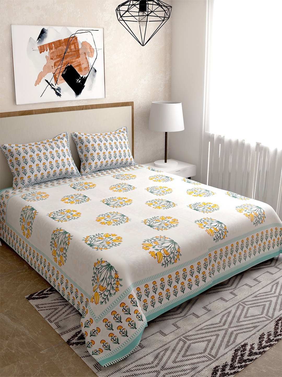 

Salona Bichona White Ethnic Motifs 144 TC Cotton 1 Queen Bedsheet with 2 Pillow Covers