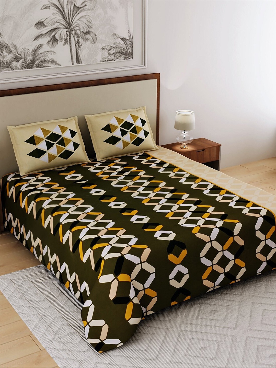 

Salona Bichona Olive Green & Beige Geometric 120 TC Pure Cotton Queen Bedsheet Set