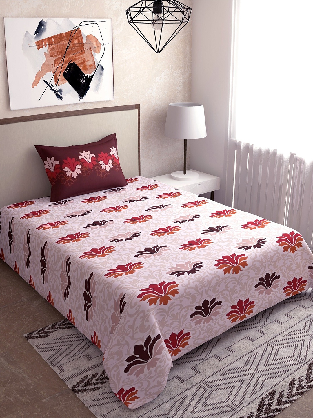 

Salona Bichona Peach-Coloured & Red Floral 180 TC Single Bedsheet with 1 Pillow Covers
