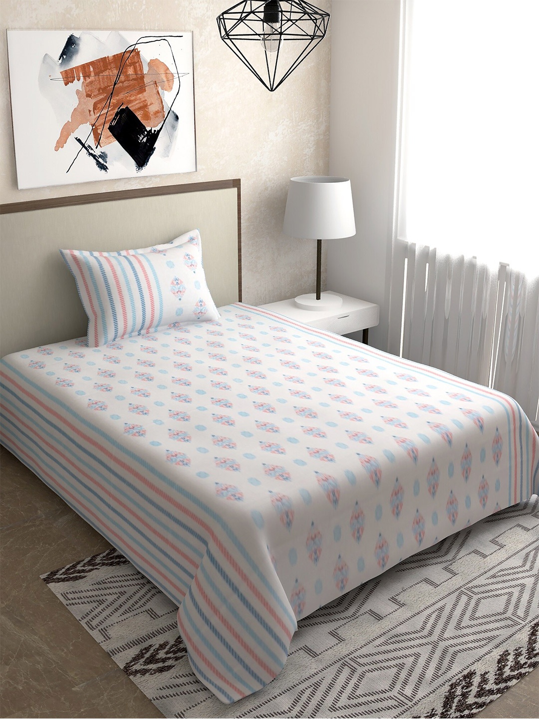

Salona Bichona White Ethnic Motifs 180 TC Cotton 1 Single Bedsheet with 1 Pillow Cover