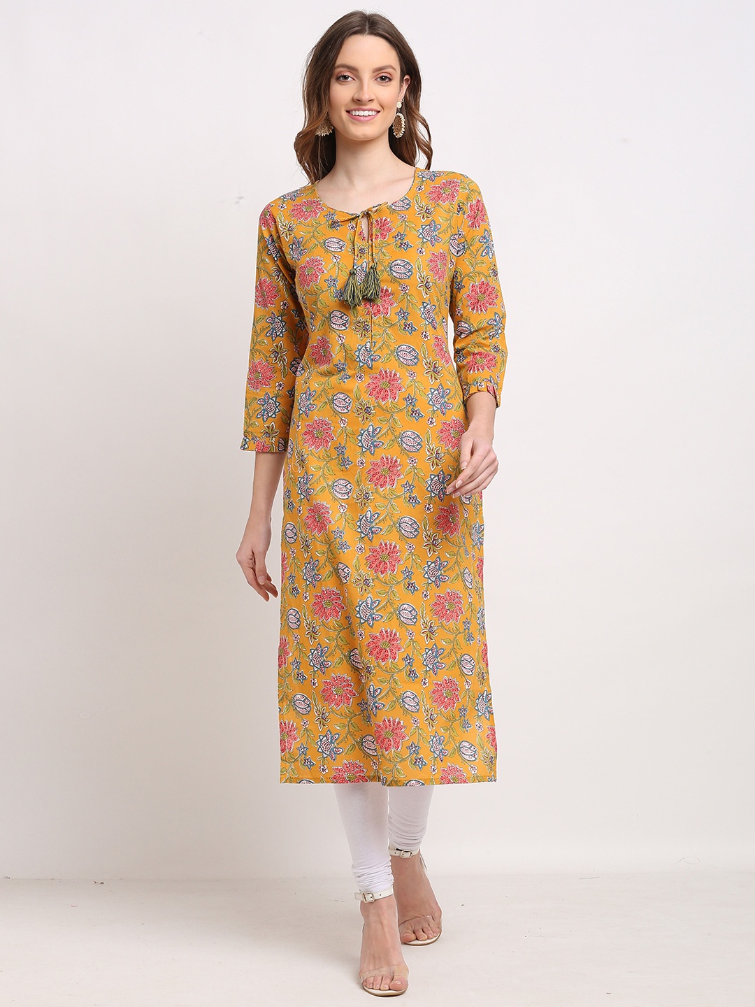 

Rajnandini Women Yellow & Pink Floral Printed Pure Cambric Cotton Floral Kurta
