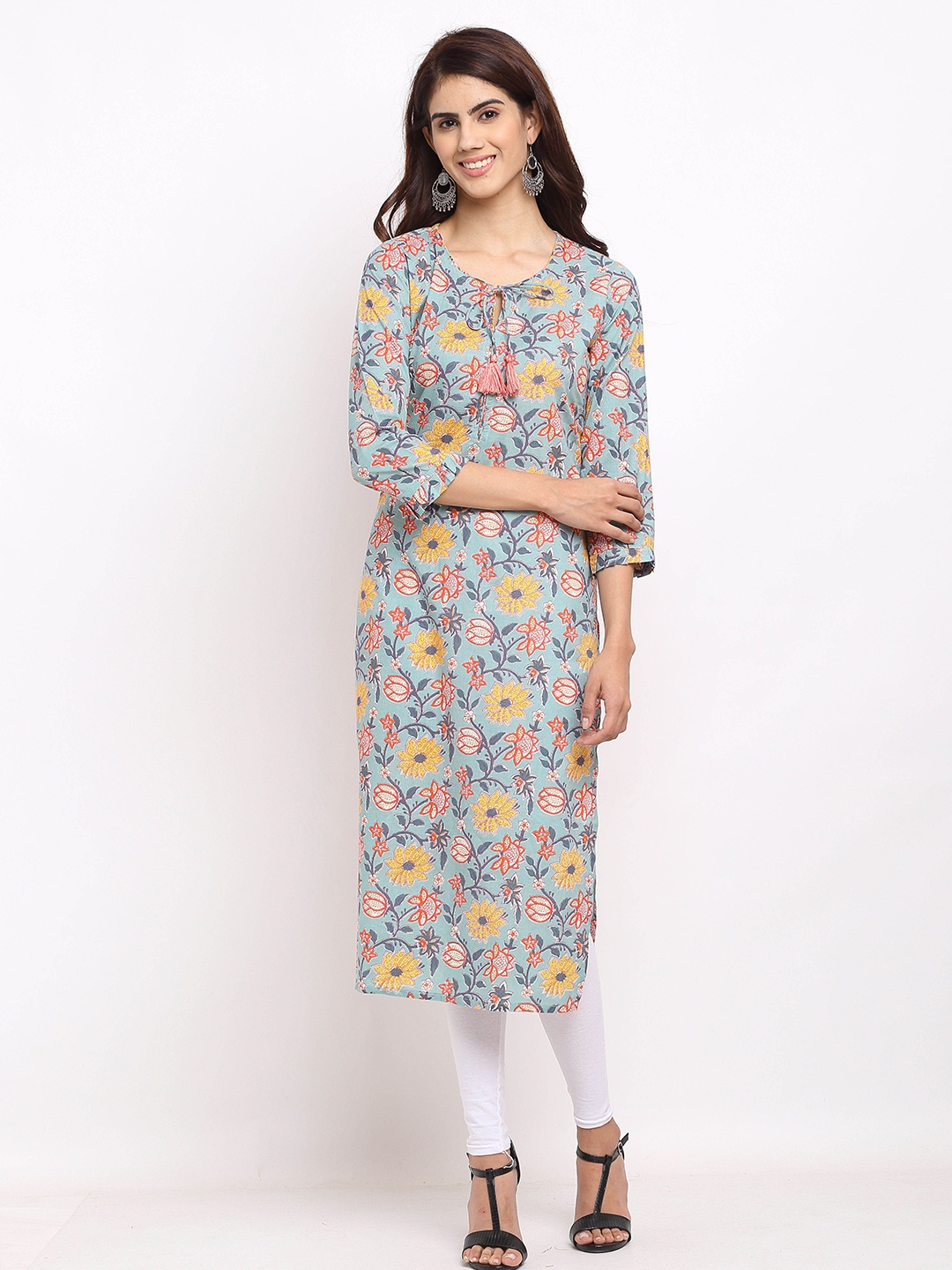 

Rajnandini Grey & Yellow Floral Printed Pure Cotton Kurti