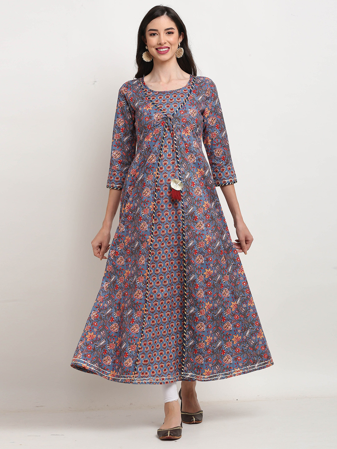 

Rajnandini Women Blue & Orange Jaipuri Floral Printed Pure Cambric Cotton A-line Kurta