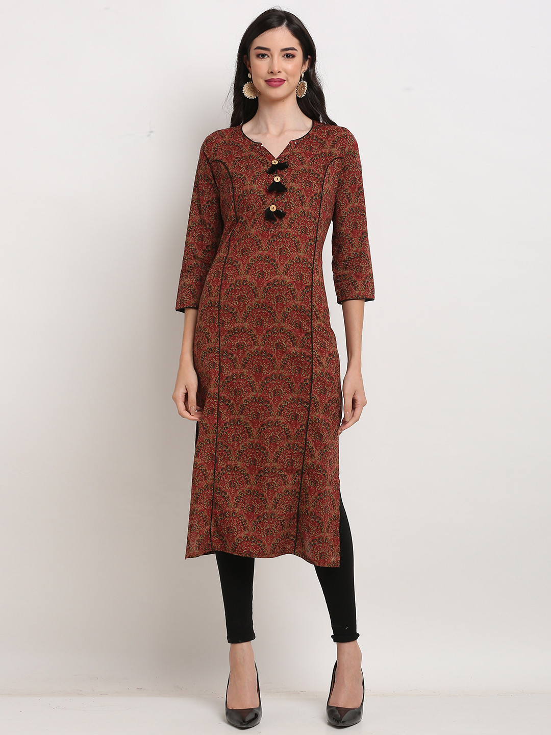

Rajnandini Women Maroon & Black Floral Jaipuri Printed Pure Cotton Kurta