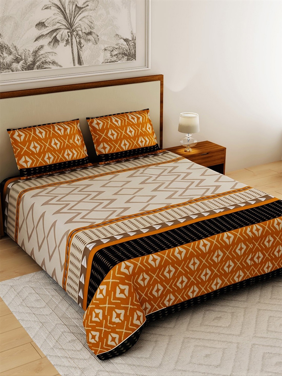 

Salona Bichona Brown & Beige Geometric 120 TC Queen Bedsheet with 2 Pillow Covers