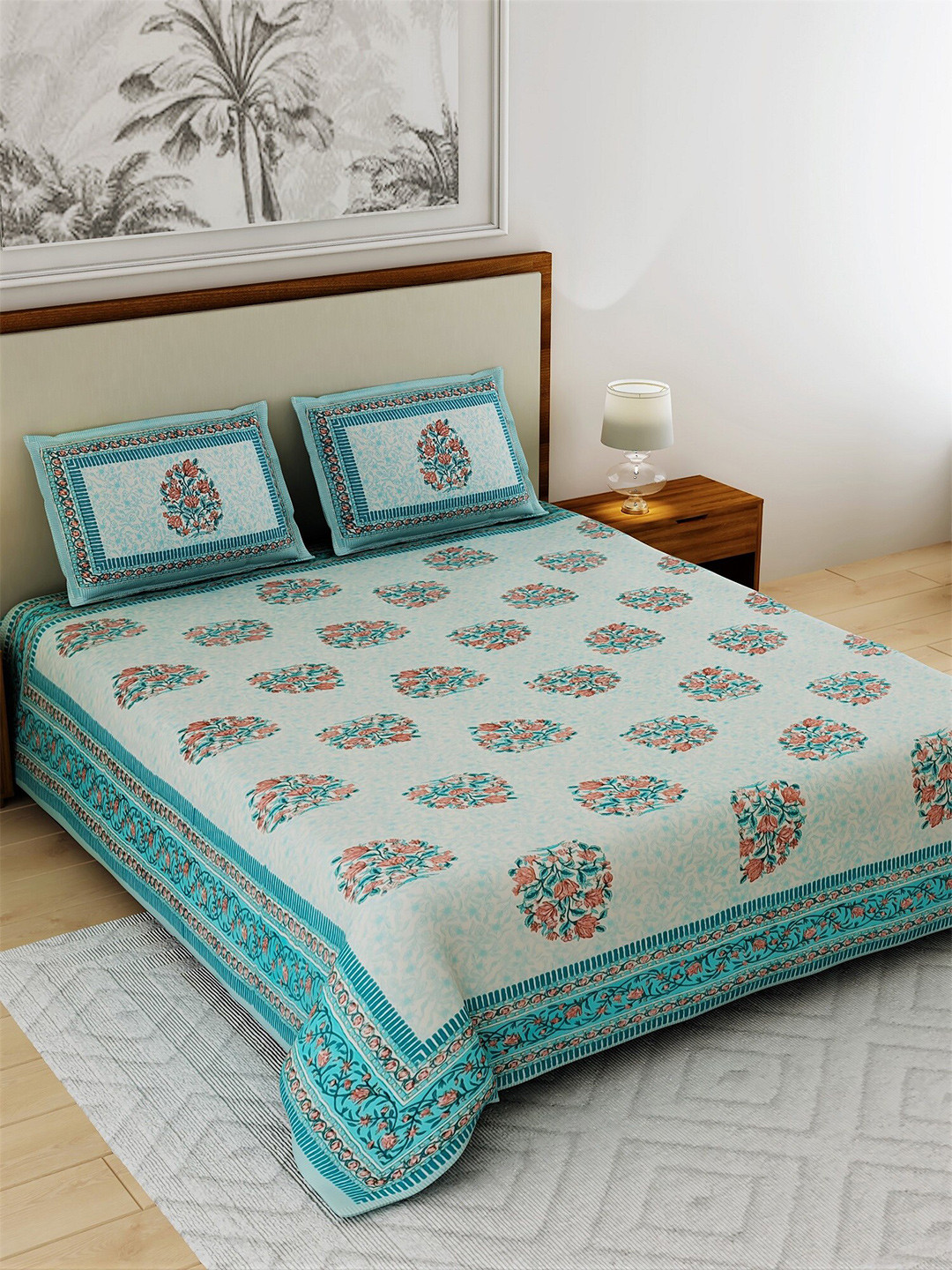 

Salona Bichona White Ethnic Motifs 120 TC Cotton 1 King Bedsheet with 2 Pillow Covers