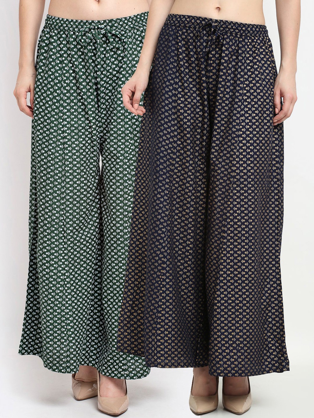 

GRACIT Women Pack Of 2 Green & White Floral Printed Flared Knitted Palazzos