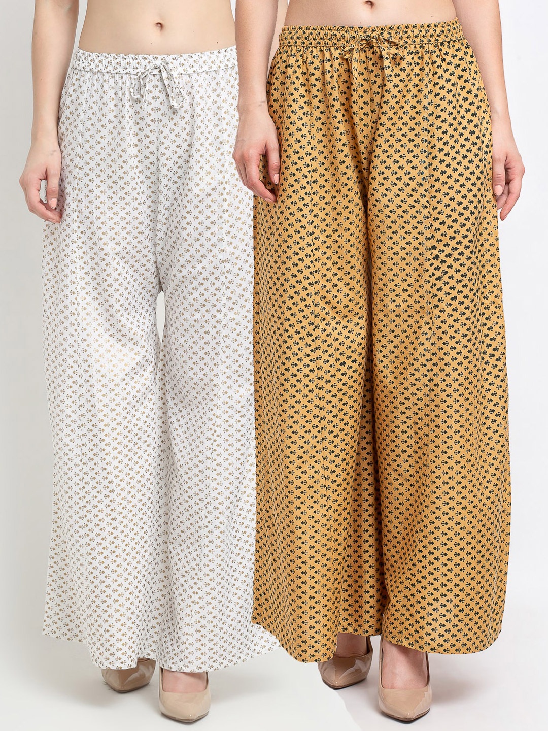 

GRACIT Women White & Beige 2 Ethnic Motifs Printed Flared Knitted Palazzos