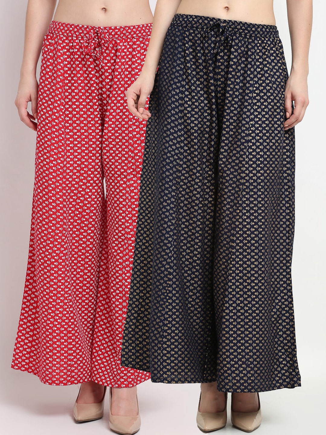 

GRACIT Women Red & Navy Blue 2 Ethnic Motifs Printed Flared Ethnic Palazzos