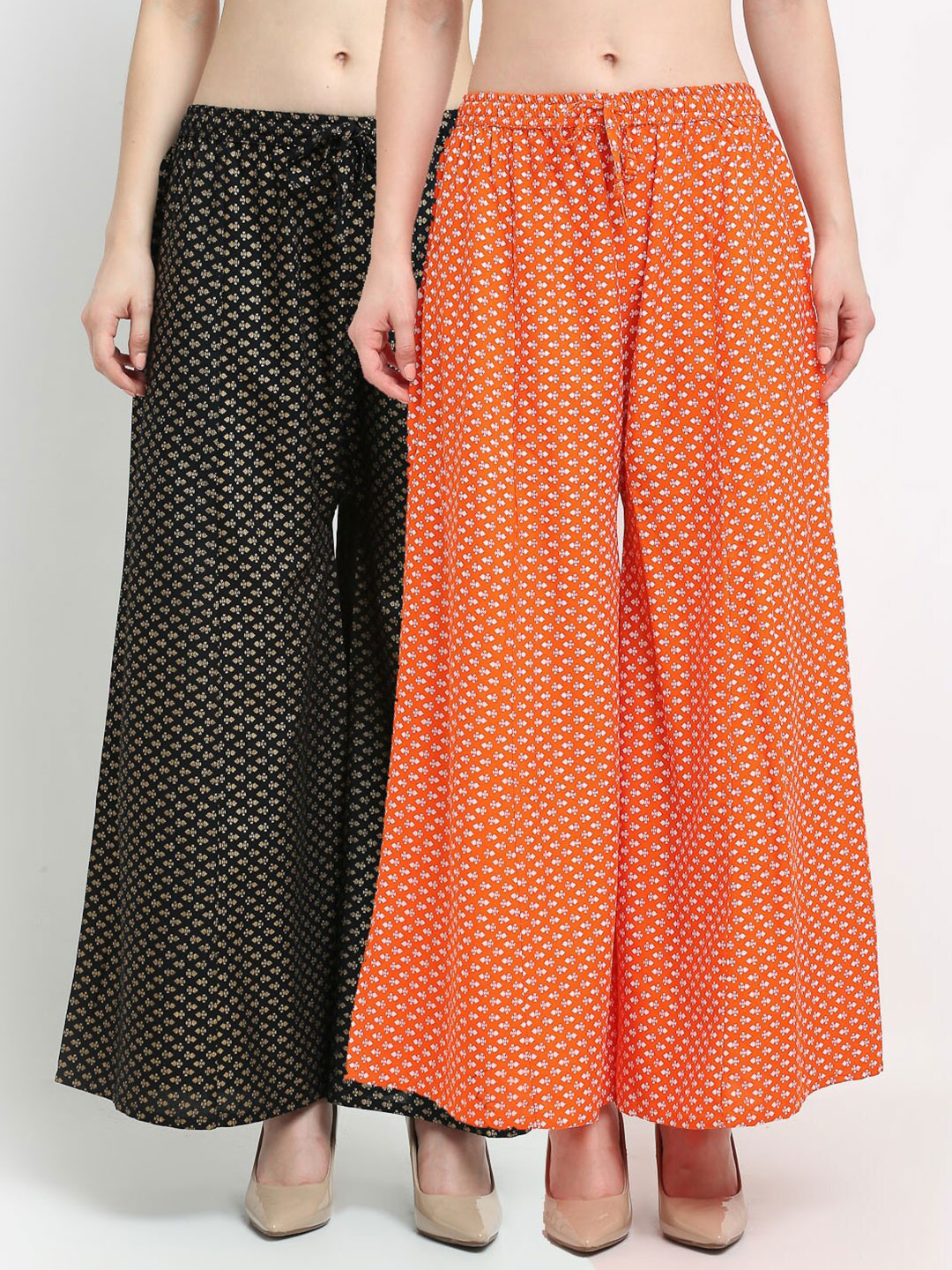 

GRACIT Women Set of 2 Black & Orange Ethnic Motifs Printed Flared Knitted Ethnic Palazzos