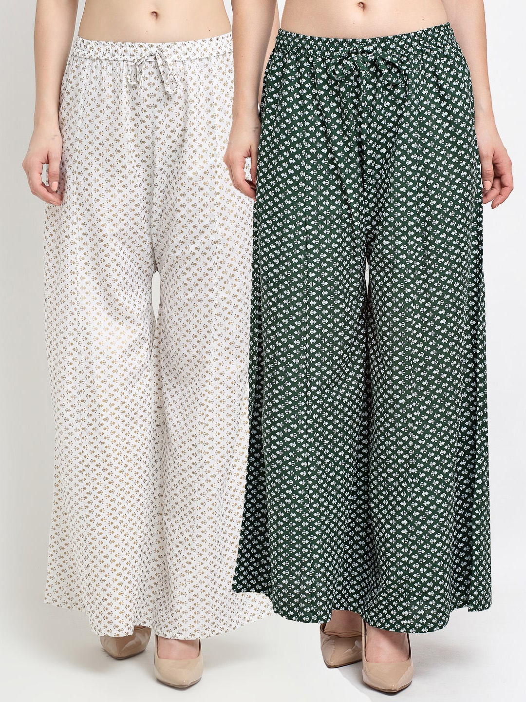 

GRACIT Women Pack Of 2 White & Green Printed Flared Knitted Ethnic Palazzos
