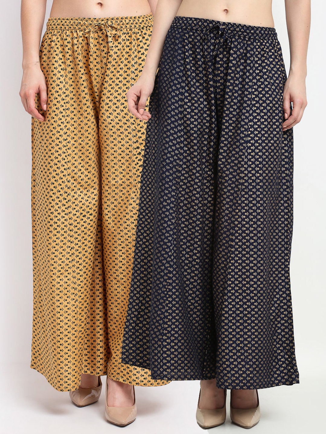 

GRACIT Women Pack Of 2 Beige & Black Printed Flared Knitted Ethnic Palazzos