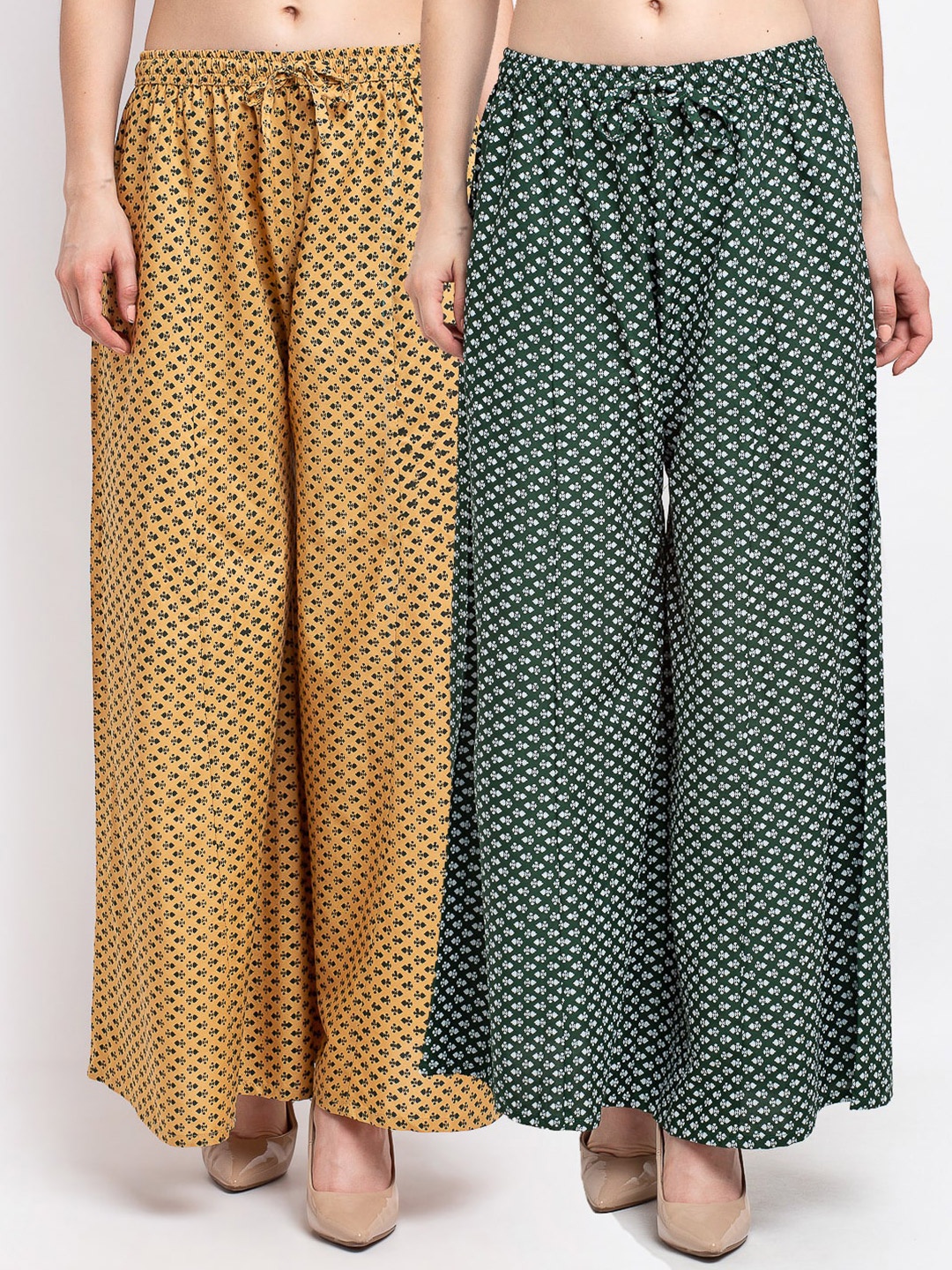 

GRACIT Women Beige & Green 2 Printed Flared Knitted Palazzos