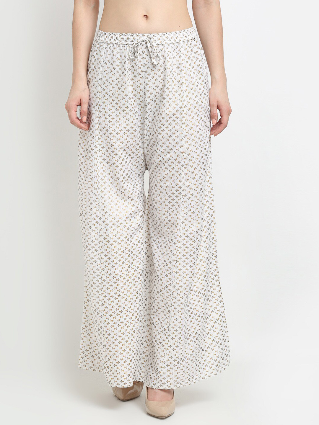 

GRACIT Women White & Gold-Toned Ethnic Motifs Printed Flared Knitted Palazzos