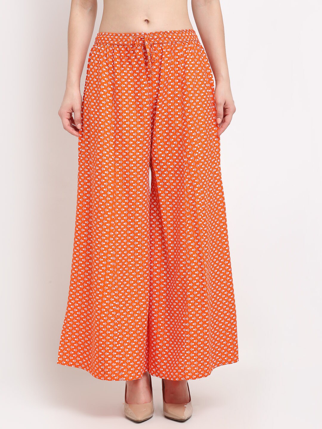 

GRACIT Women Orange & White Ethnic Motifs Printed Flared Knitted Palazzos